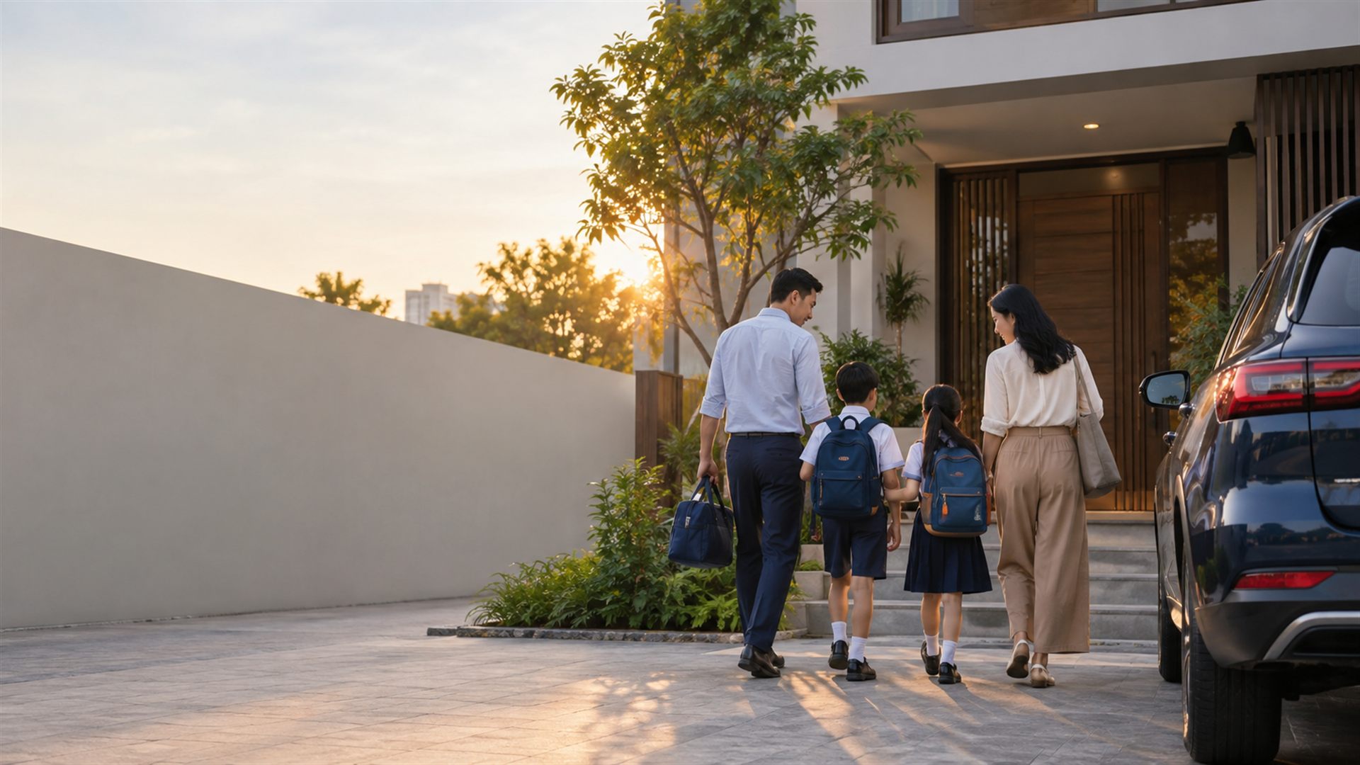 Gia đình Việt trở về ngôi nhà an toàn trong ánh hoàng hôn.