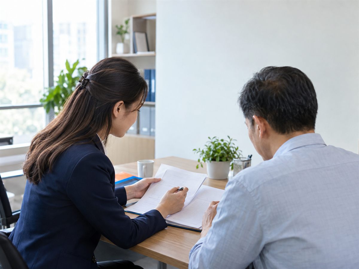 Tư vấn viên cùng khách hàng xem xét hồ sơ bảo hiểm tại văn phòng.